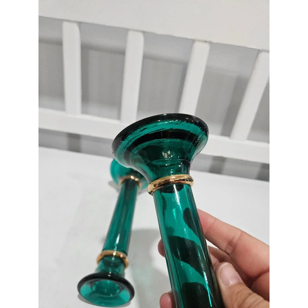 Vtg Pier 1 Emerald Green Glass Blown Glass Candle Holders, Made in Spain, 7.75